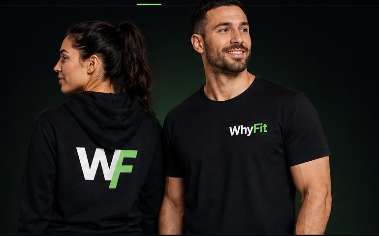 Two people wearing a black WhyFit hoodie and tee with the WF mark