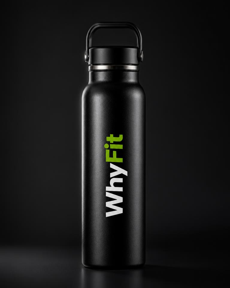 Matte black insulated WhyFit water bottle with the WhyFit wordmark