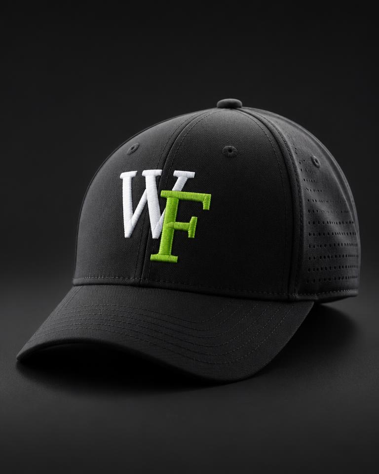 Black WhyFit cap with an embroidered white and green WF monogram