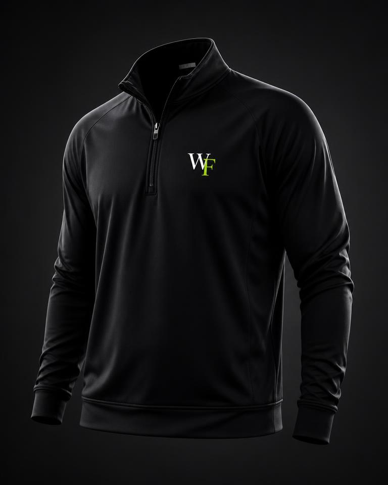 Black WhyFit quarter-zip training jacket with a small WF chest monogram