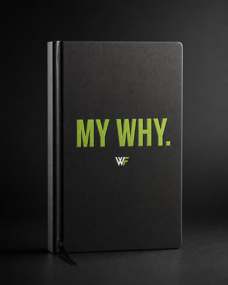 Matte black WhyFit journal embossed with MY WHY in green