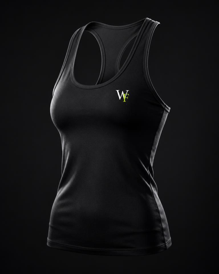 Black WhyFit performance tank with a small WF chest monogram