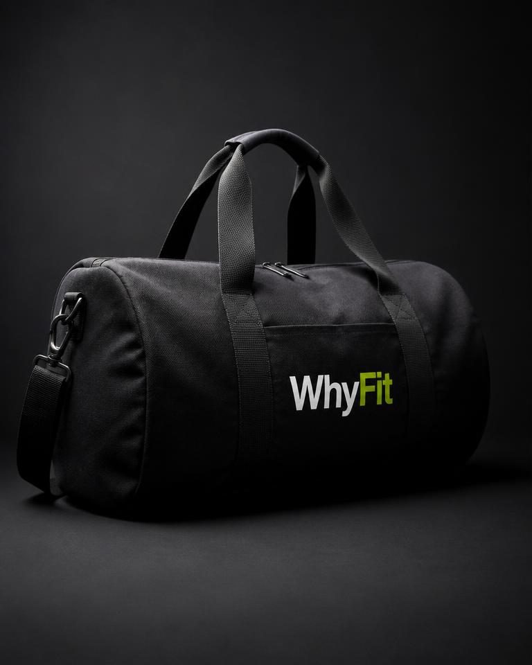 Black WhyFit gym tote bag with the WhyFit wordmark
