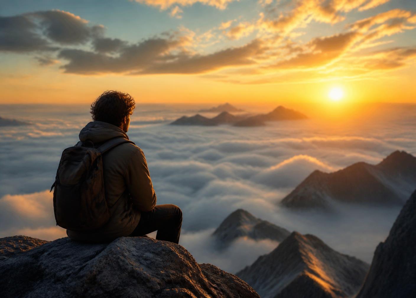 A person sitting above the clouds at sunset